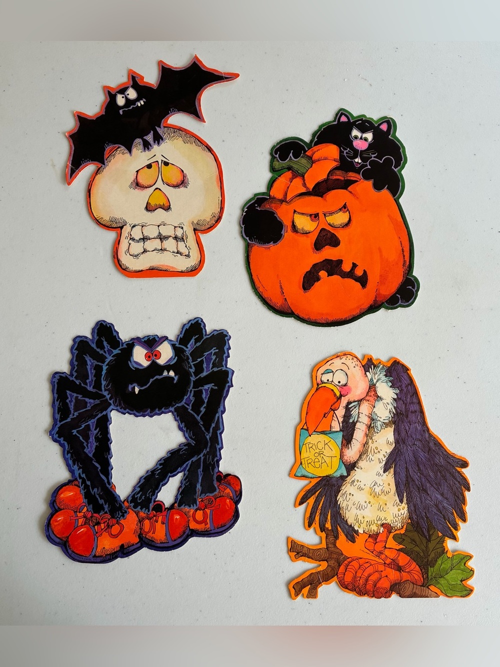 Lot Of 4 Vintage Halloween Die Cut Decorations Spider Vulture Skull Bat Pumpkin